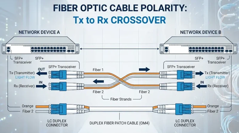 Fiber optic cable polarity showing Tx to Rx connection in a duplex fiber link Fiber optic cable polarity showing Tx to Rx connection in a duplex fiber link