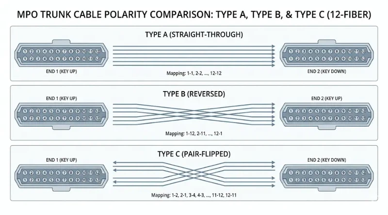 MPO Type A Type B and Type C trunk cable polarity mapping diagram MPO Type A Type B and Type C trunk cable polarity mapping diagram