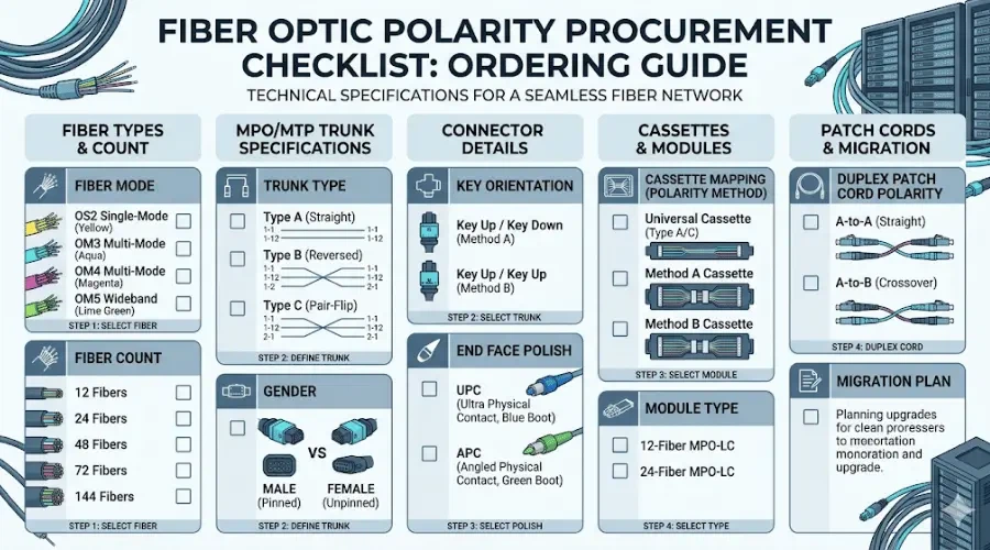 Fiber polarity component ordering checklist for MPO trunks cassettes and patch cords Fiber polarity component ordering checklist for MPO trunks cassettes and patch cords