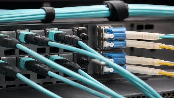 MPO and LC fiber connectors in patch panel MPO and LC fiber connectors in patch panel